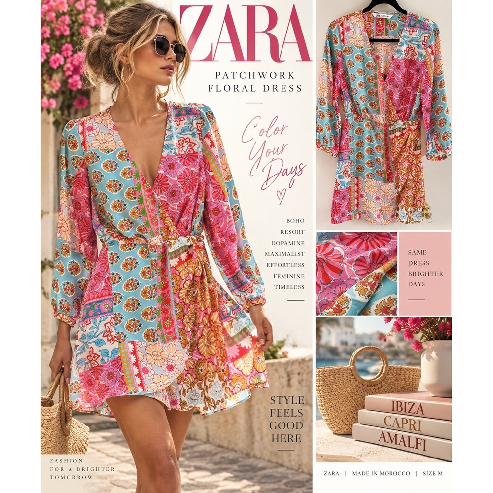 Zara M Floral Patchwork Wrap Dress Scarf Print Boho Dopamine Resort